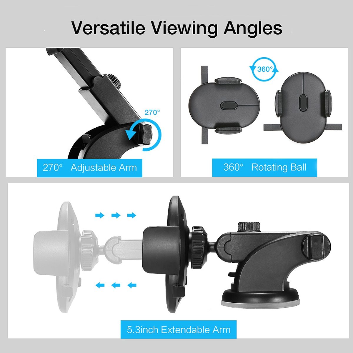 Telescopic Car Phone Holder – Strong Suction, 270° Dashboard/Windshield Mount